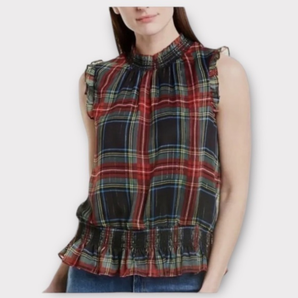 J. CREW Stewart Tartan Plaid Sleeveless Mock Neck Pullover Blouse holiday